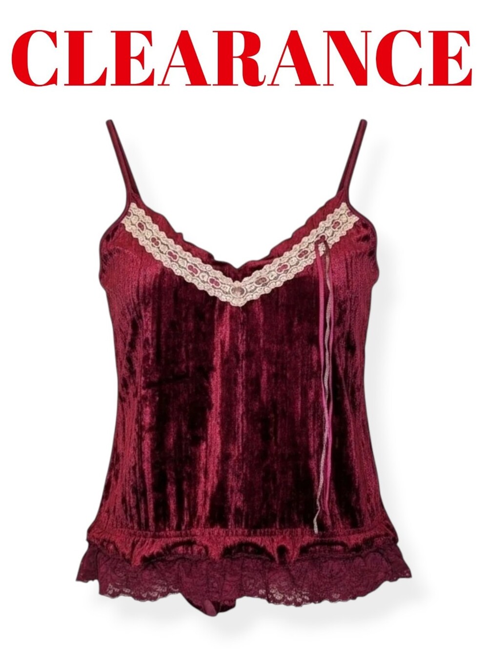 Crushed Velvet Camisole Burgundy Lace Top Medium Fairy Whimsical Cottagecore Y2K